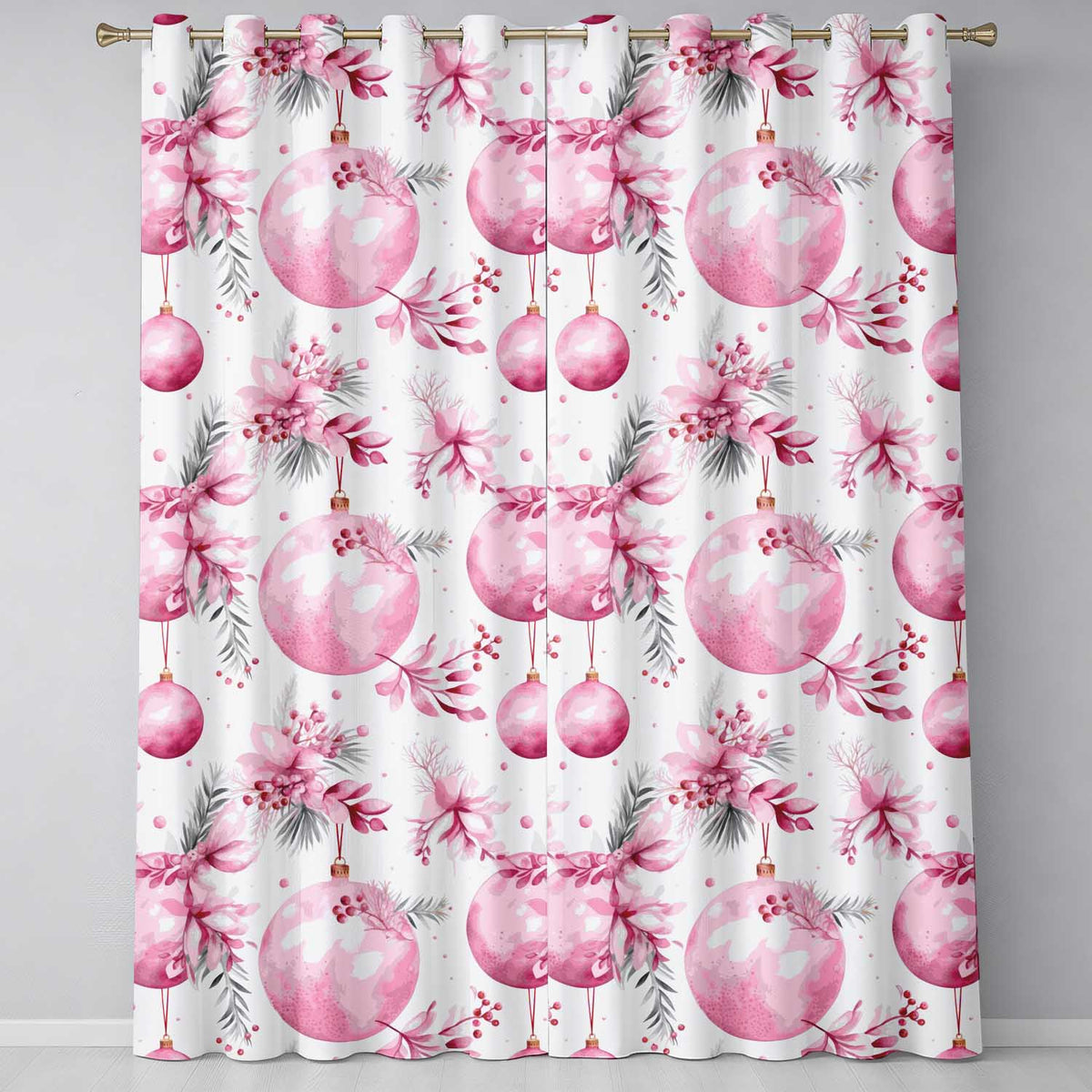 Elegant Pink Floral Christmas Bauble Watercolor Seamless Pattern  Readymade Eyelet Ring Top Thermal 100% Blackout Curtains