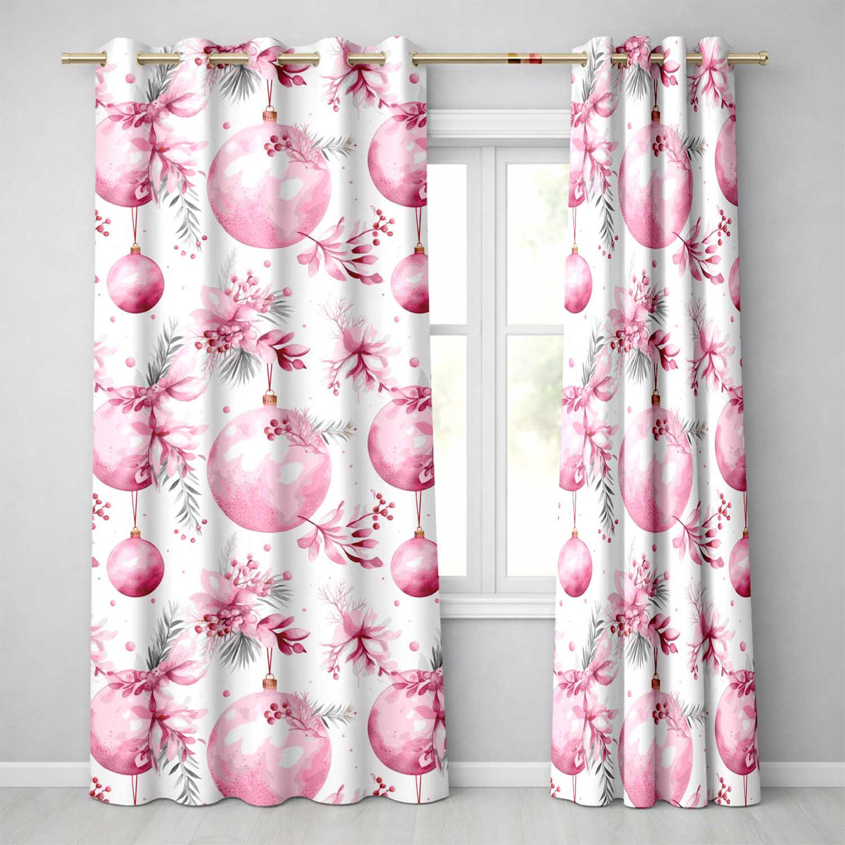 Elegant Pink Floral Christmas Bauble Watercolor Seamless Pattern  Readymade Eyelet Ring Top Thermal 100% Blackout Curtains