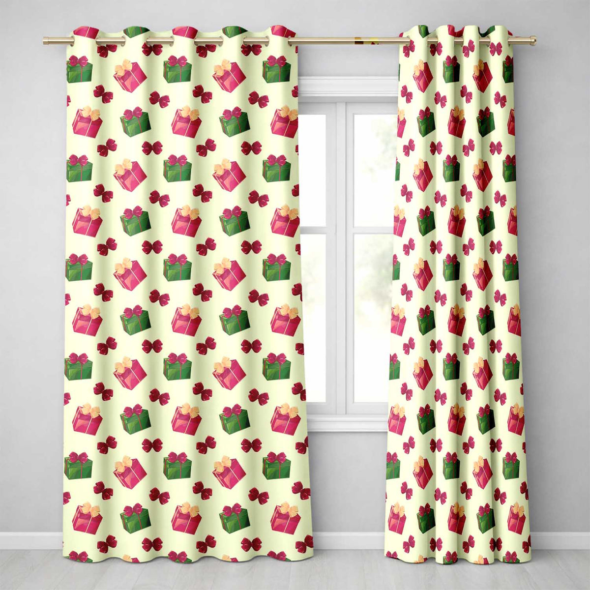 Cute Gift Box Ribbon Bow Festive Seamless Pattern  Readymade Eyelet Ring Top Thermal 100% Blackout Curtains