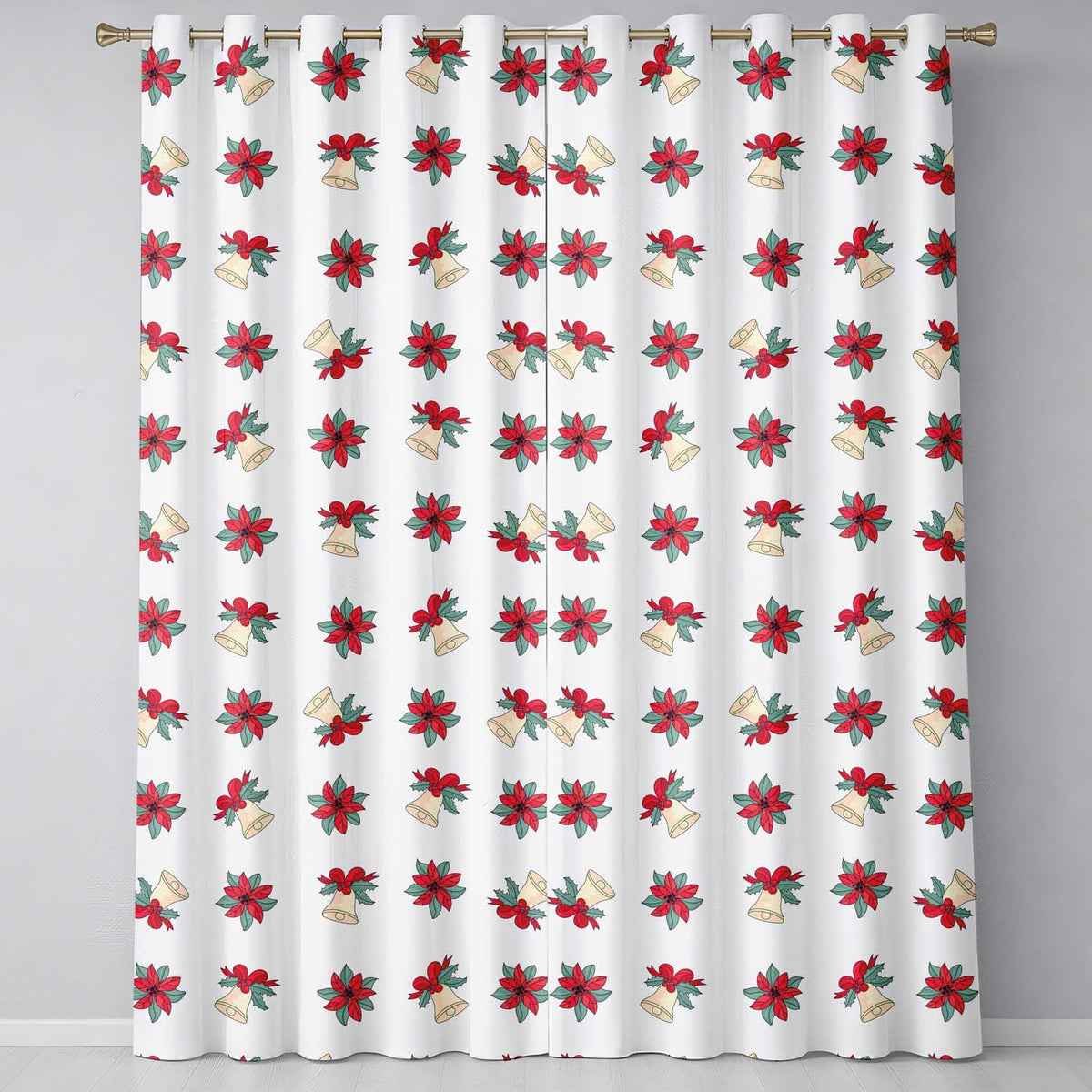 Poinsettia Flower Bell Holly Christmas Seamless Pattern  Readymade Eyelet Ring Top Thermal 100% Blackout Curtains