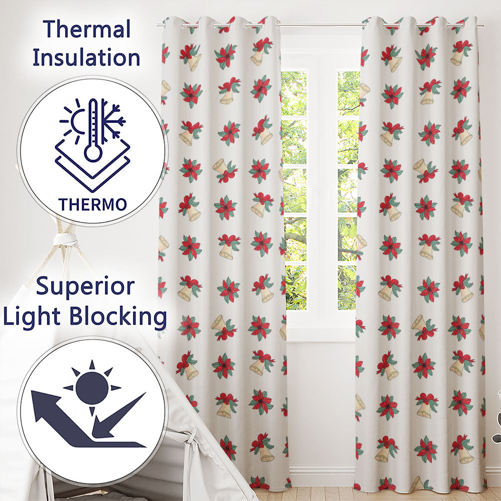 Poinsettia Flower Bell Holly Christmas Seamless Pattern  Readymade Eyelet Ring Top Thermal 100% Blackout Curtains
