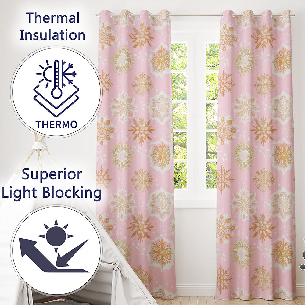 Elegant Gold Snowflake Soft Pink Seamless Pattern  Readymade Eyelet Ring Top Thermal 100% Blackout Curtains