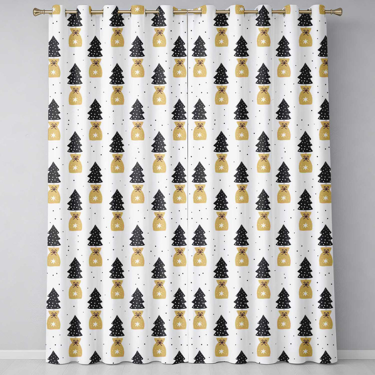 Black Christmas Trees and Gift Bags Seamless Pattern Modern Holiday Design  Readymade Eyelet Ring Top Thermal 100% Blackout Curtains