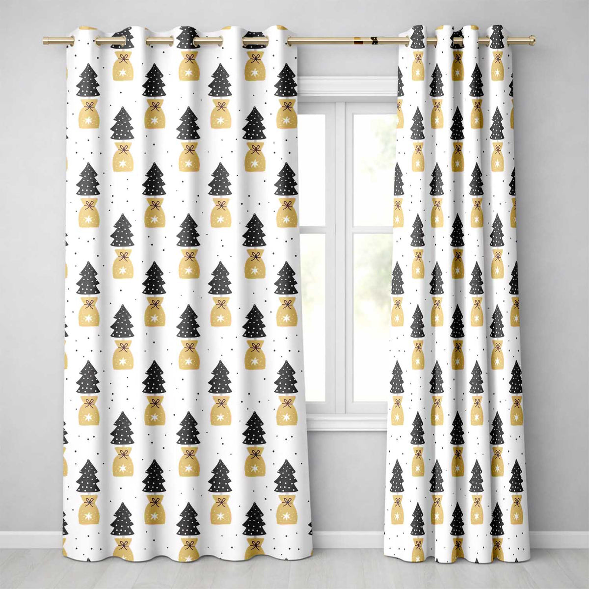 Black Christmas Trees and Gift Bags Seamless Pattern Modern Holiday Design  Readymade Eyelet Ring Top Thermal 100% Blackout Curtains