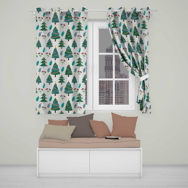 Decorated Christmas Trees with Lights and Berries Festive Winter Holiday Design  Readymade Eyelet Ring Top Thermal 100% Blackout Curtains