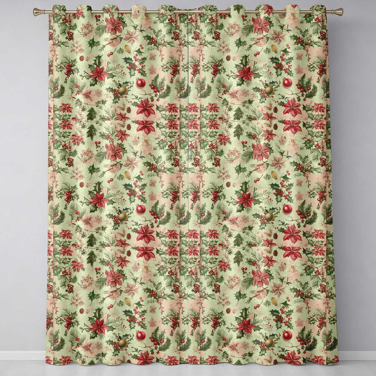 Vintage Christmas Floral with Holly Poinsettia and Pine  Classic Holiday Design  Readymade Eyelet Ring Top Thermal 100% Blackout Curtains