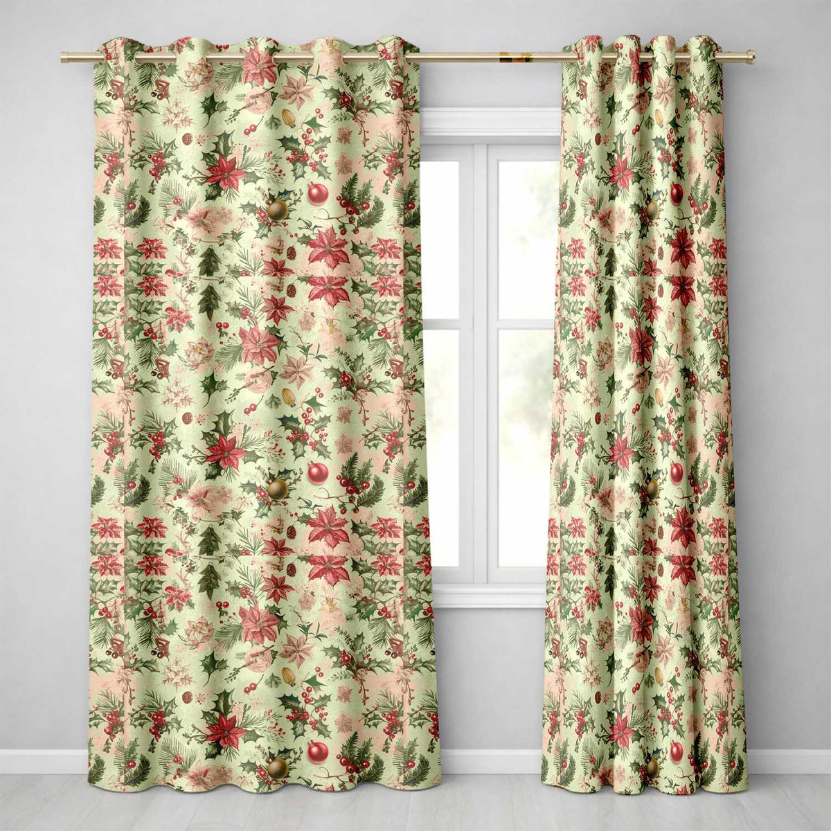 Vintage Christmas Floral with Holly Poinsettia and Pine  Classic Holiday Design  Readymade Eyelet Ring Top Thermal 100% Blackout Curtains