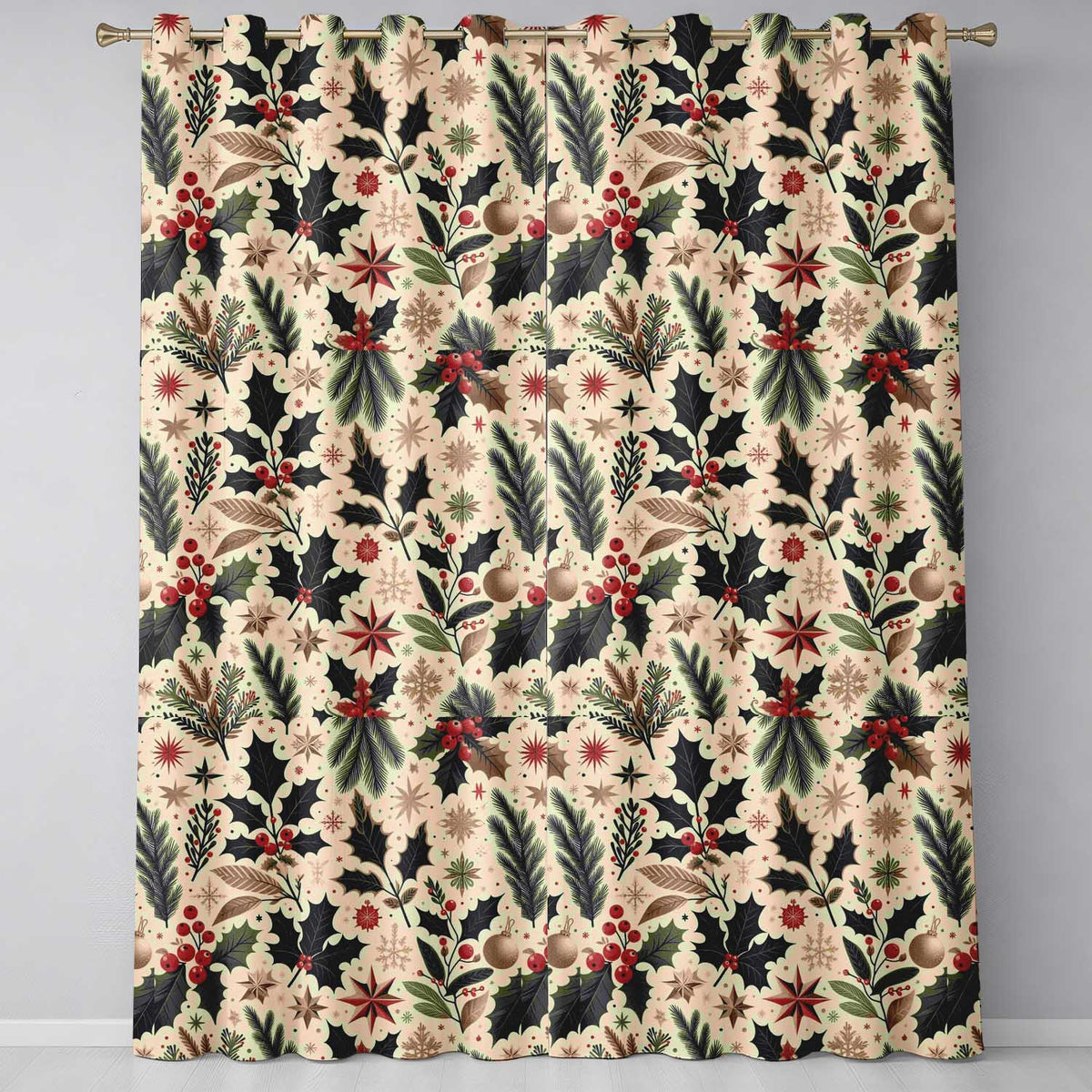 Elegant Christmas Holly Leaves with Berries and Stars  Festive Vintage Design  Readymade Eyelet Ring Top Thermal 100% Blackout Curtains