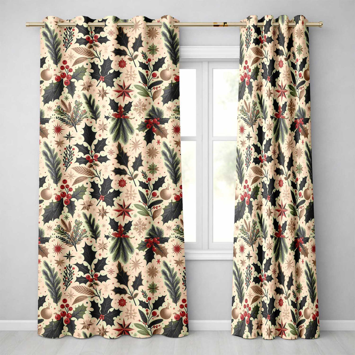 Elegant Christmas Holly Leaves with Berries and Stars  Festive Vintage Design  Readymade Eyelet Ring Top Thermal 100% Blackout Curtains
