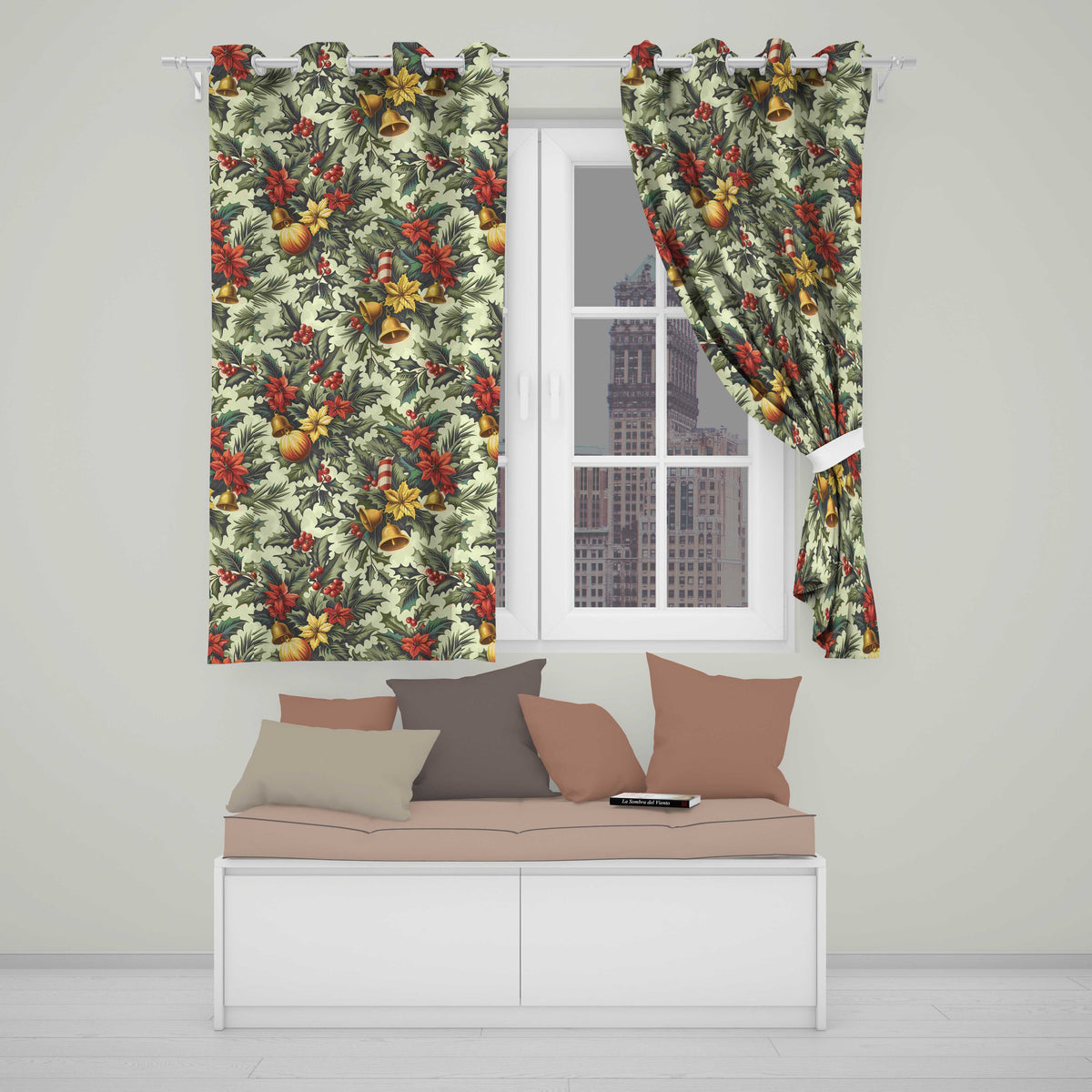 Classic Christmas Ornaments Pine Branches and Bows  Traditional Holiday Design  Readymade Eyelet Ring Top Thermal 100% Blackout Curtains