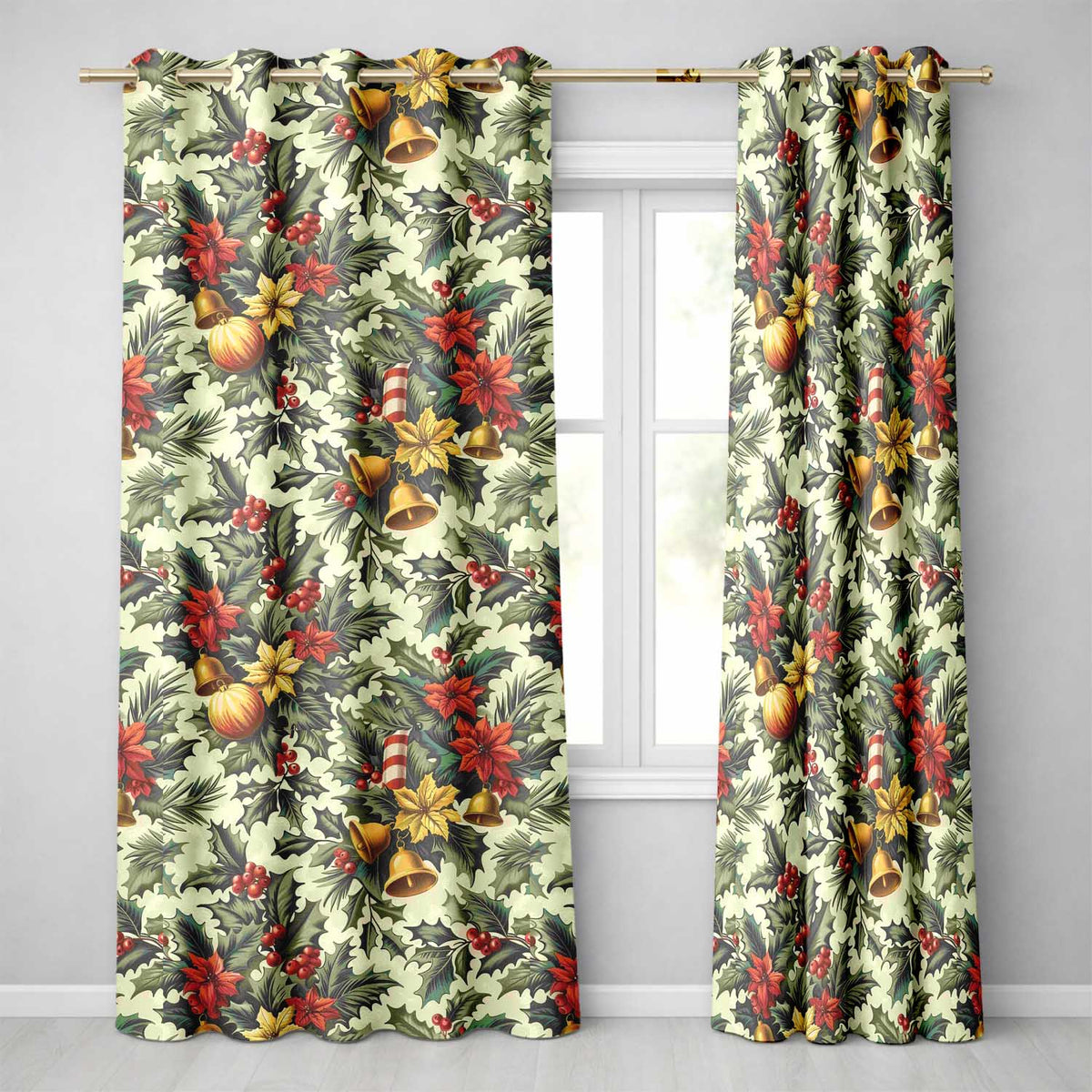 Classic Christmas Ornaments Pine Branches and Bows  Traditional Holiday Design  Readymade Eyelet Ring Top Thermal 100% Blackout Curtains