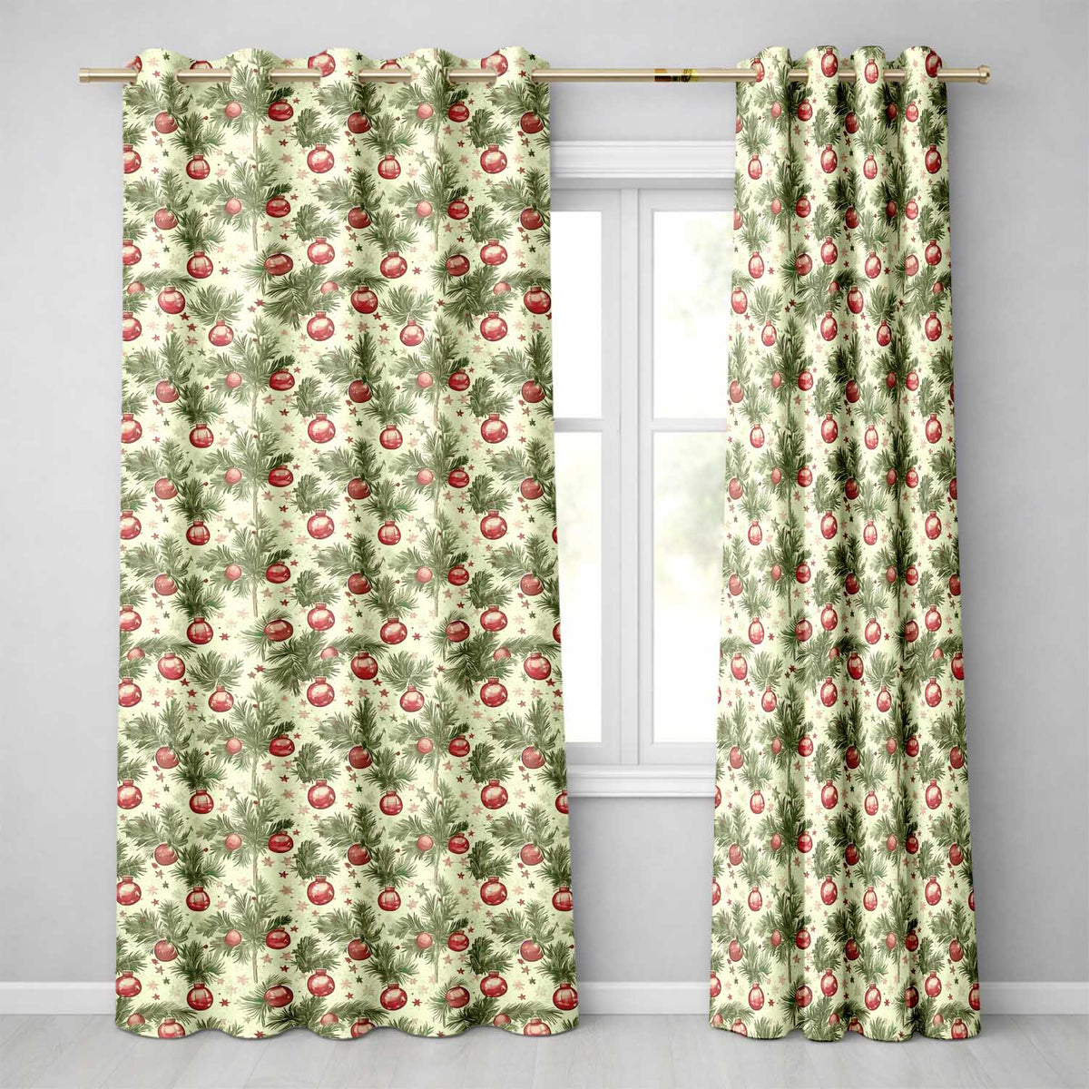 Elegant Christmas Holly Leaves with Bells and Poinsettia Festive Classic Design  Readymade Eyelet Ring Top Thermal 100% Blackout Curtains