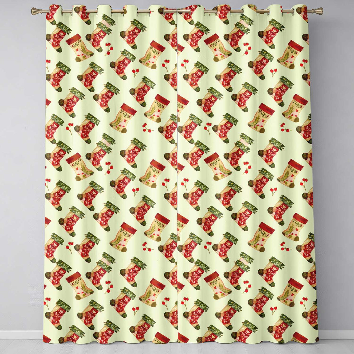 Watercolor Christmas Stockings with Holly Berries Festive Holiday  Design  Readymade Eyelet Ring Top Thermal 100% Blackout Curtains