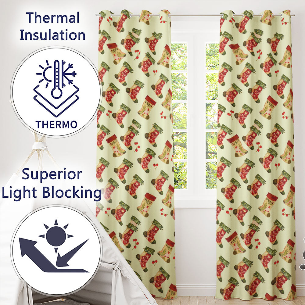 Watercolor Christmas Stockings with Holly Berries Festive Holiday  Design  Readymade Eyelet Ring Top Thermal 100% Blackout Curtains