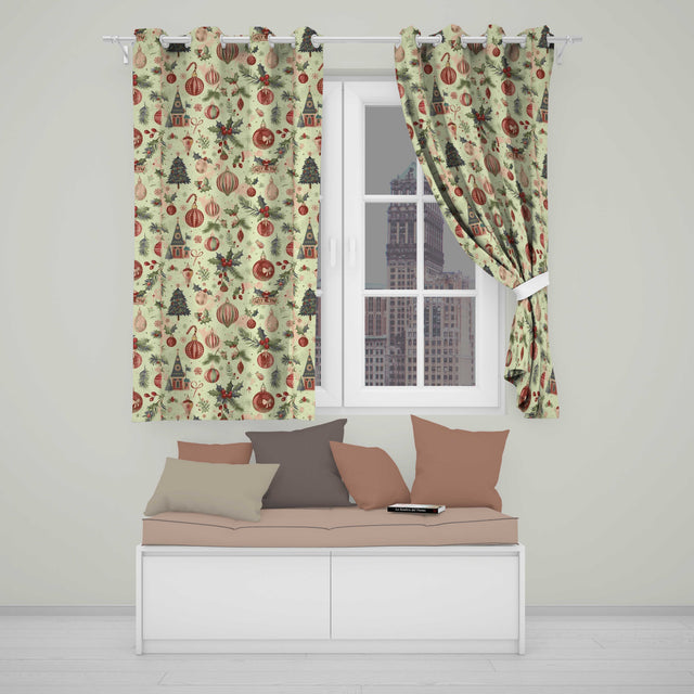 Vintage Christmas Baubles Holly Leaves and Winter Elements  Classic Festive  Readymade Eyelet Ring Top Thermal 100% Blackout Curtains