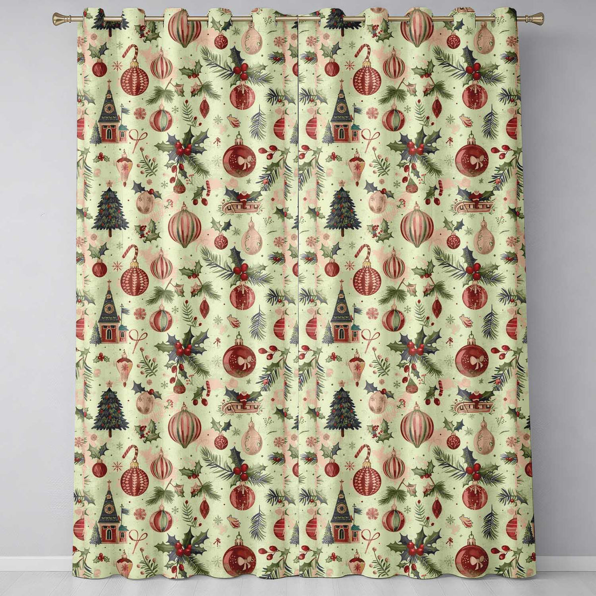 Vintage Christmas Baubles Holly Leaves and Winter Elements  Classic Festive  Readymade Eyelet Ring Top Thermal 100% Blackout Curtains