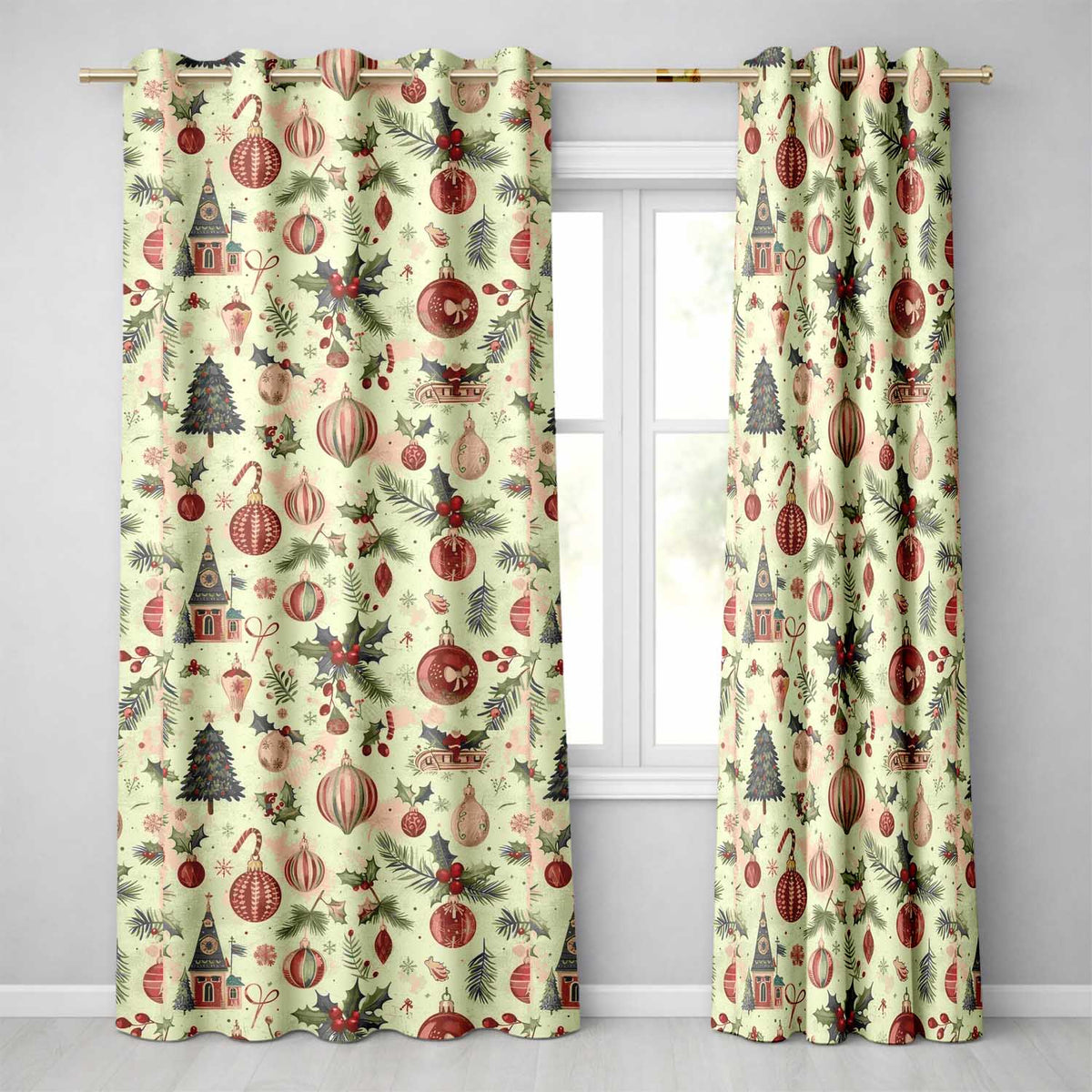 Vintage Christmas Baubles Holly Leaves and Winter Elements  Classic Festive  Readymade Eyelet Ring Top Thermal 100% Blackout Curtains