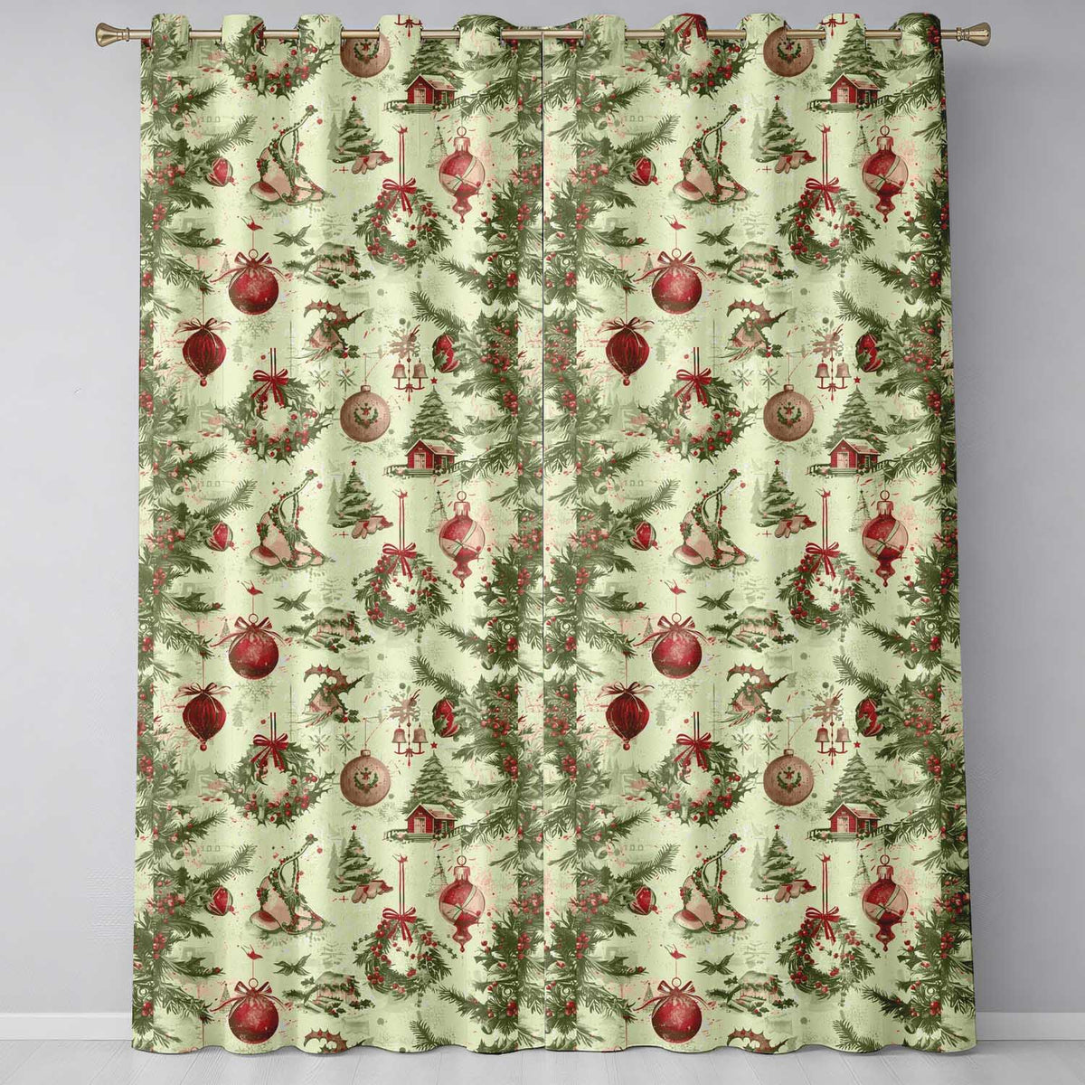 Vintage Christmas Wreaths Bells Baubles Seamless Pattern Festive Holiday Design  Readymade Eyelet Ring Top Thermal 100% Blackout Curtains