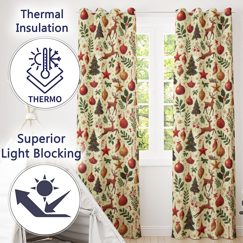 Festive Reindeer Christmas Trees Ornaments Seamless Pattern Holiday Design  Readymade Eyelet Ring Top Thermal 100% Blackout Curtains