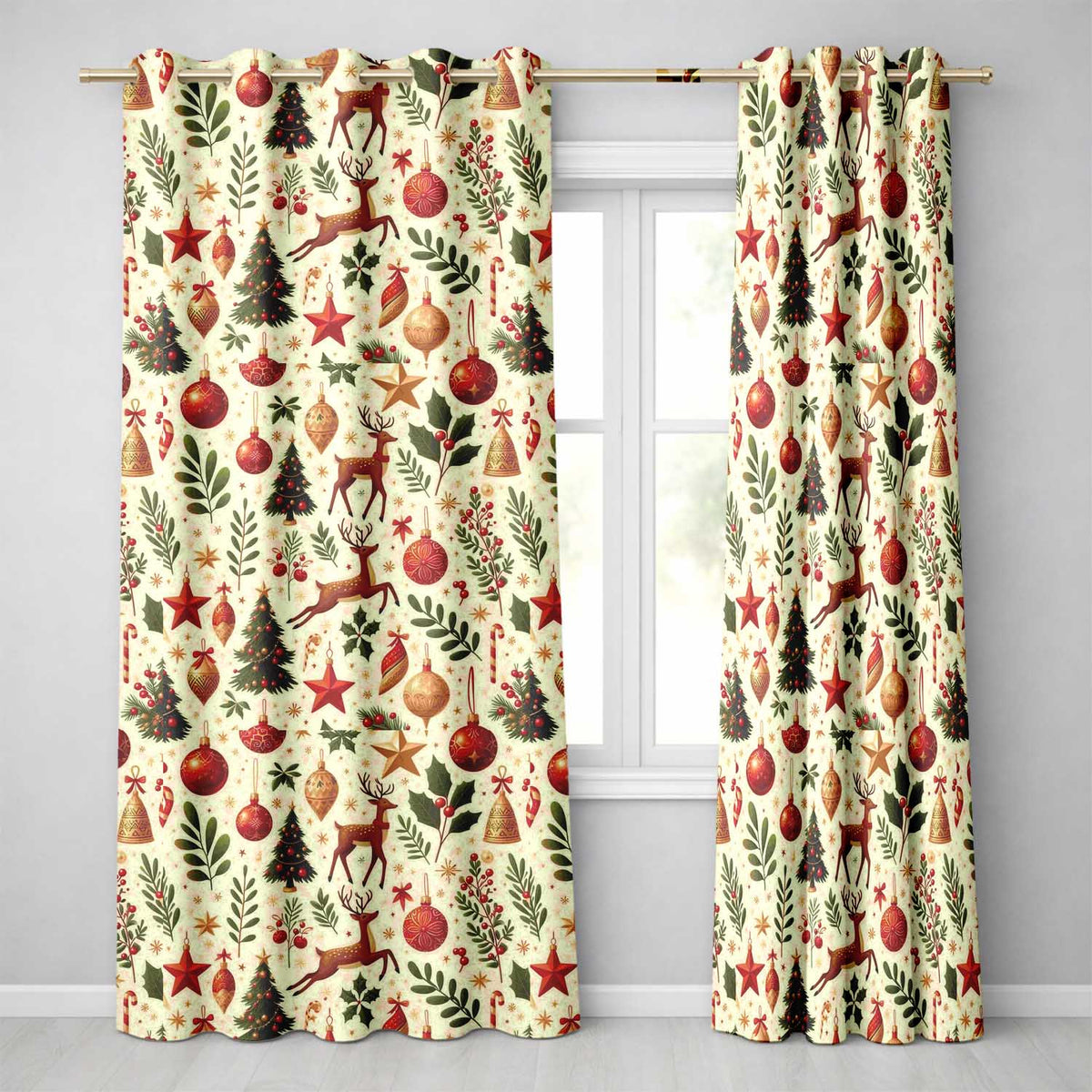 Festive Reindeer Christmas Trees Ornaments Seamless Pattern Holiday Design  Readymade Eyelet Ring Top Thermal 100% Blackout Curtains