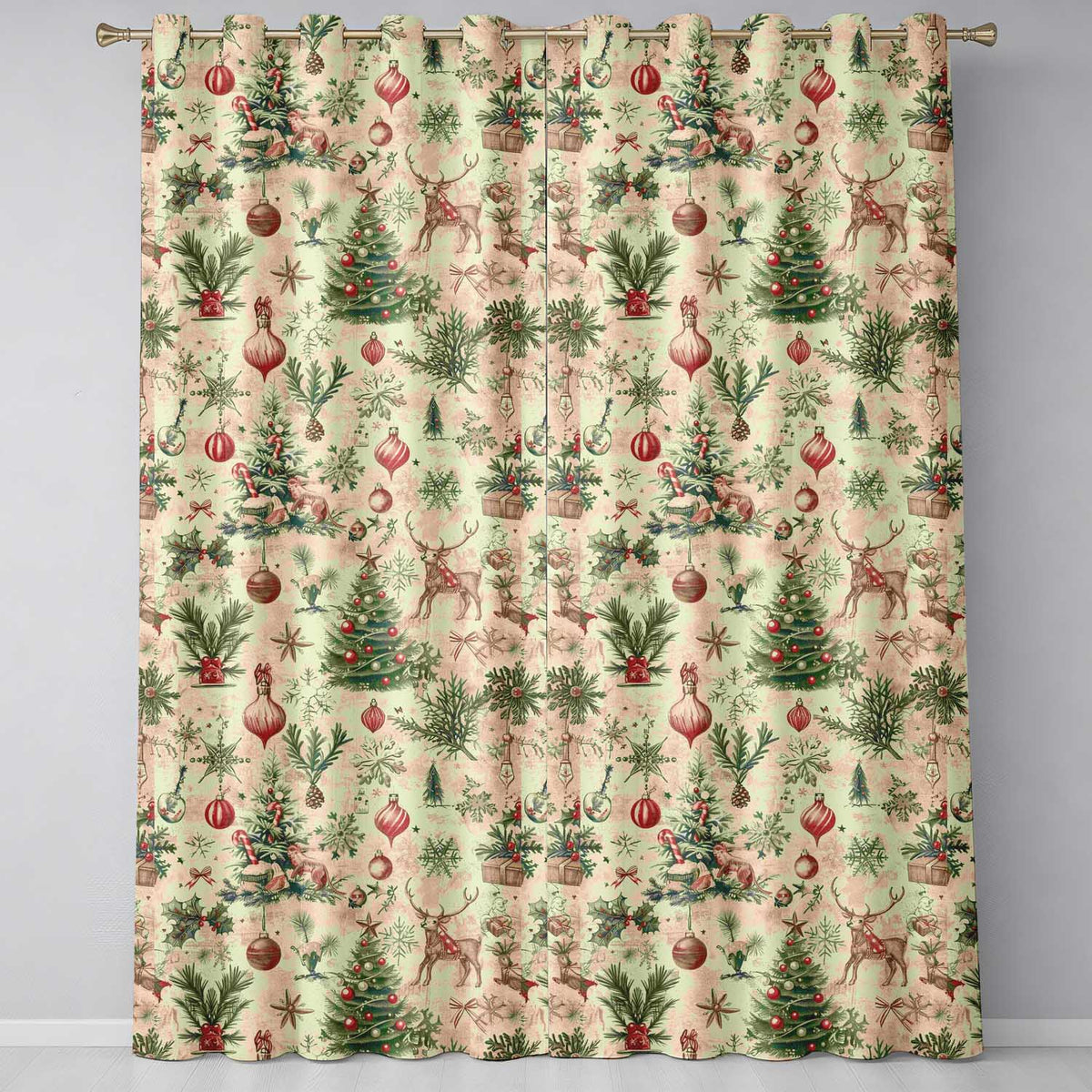Vintage Woodland Christmas Tree Animals Ornaments  Holiday Design  Readymade Eyelet Ring Top Thermal 100% Blackout Curtains