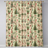 Vintage Woodland Christmas Tree Animals Ornaments  Holiday Design  Readymade Eyelet Ring Top Thermal 100% Blackout Curtains
