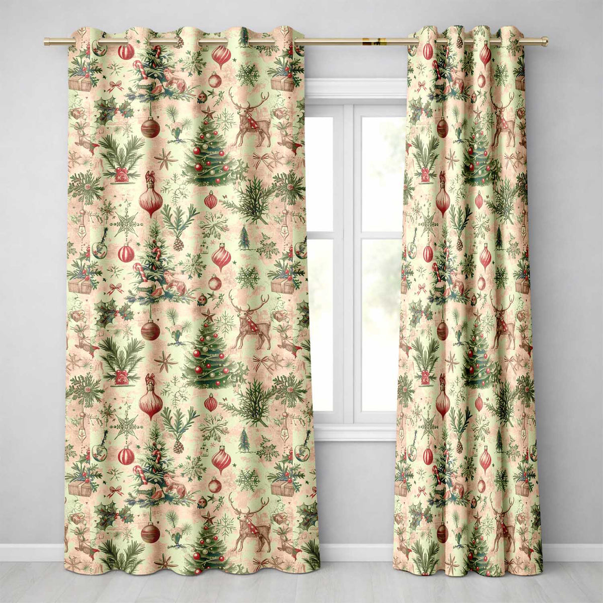 Vintage Woodland Christmas Tree Animals Ornaments  Holiday Design  Readymade Eyelet Ring Top Thermal 100% Blackout Curtains