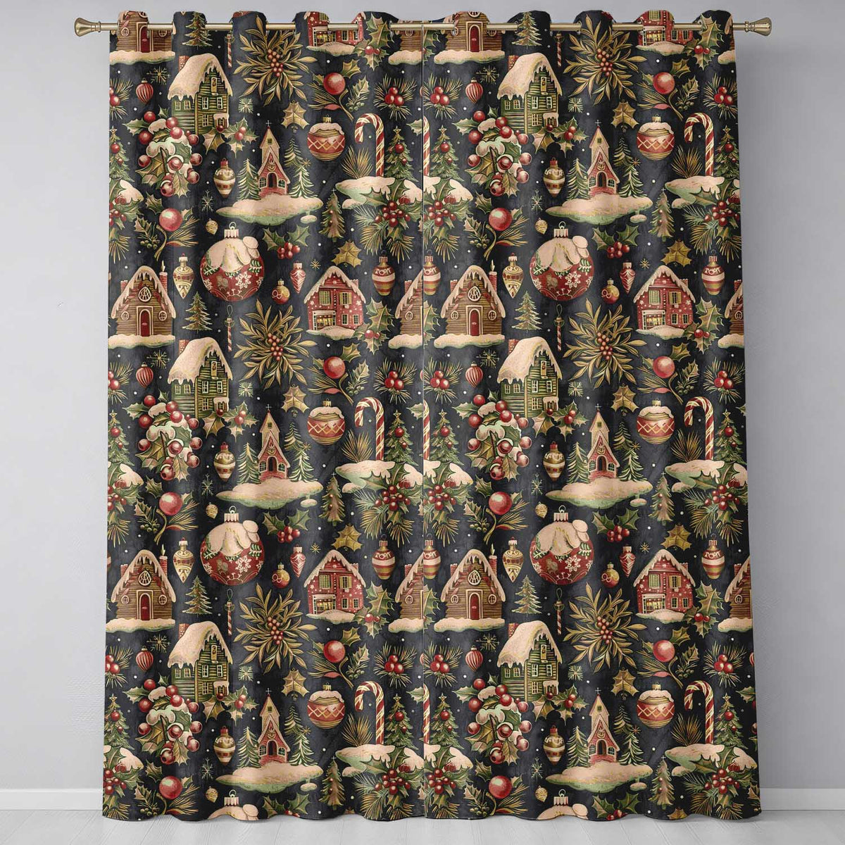 Vintage Winter Village Houses Snowy Christmas Seamless Pattern Festive Design  Readymade Eyelet Ring Top Thermal 100% Blackout Curtains