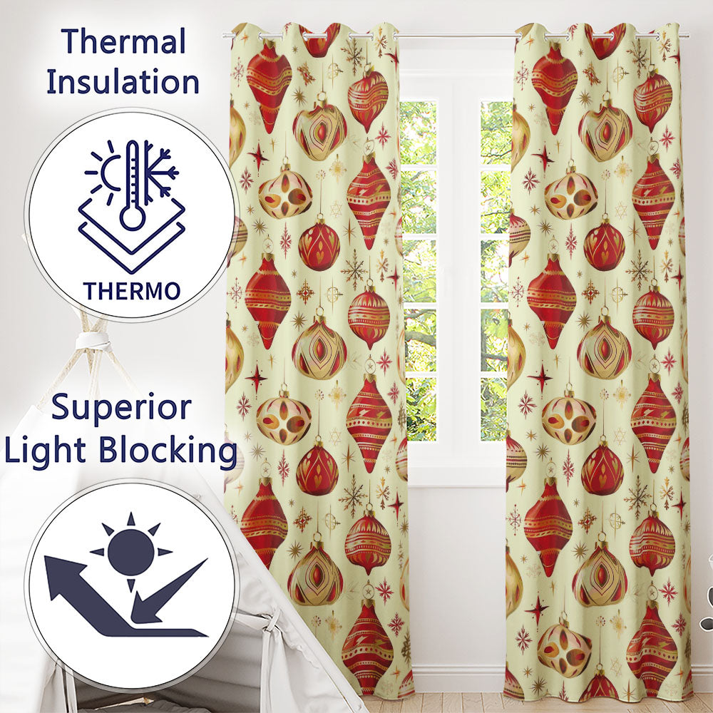 Christmas Hanging Baubles Holly Branches  Festive Holiday Design  Readymade Eyelet Ring Top Thermal 100% Blackout Curtains