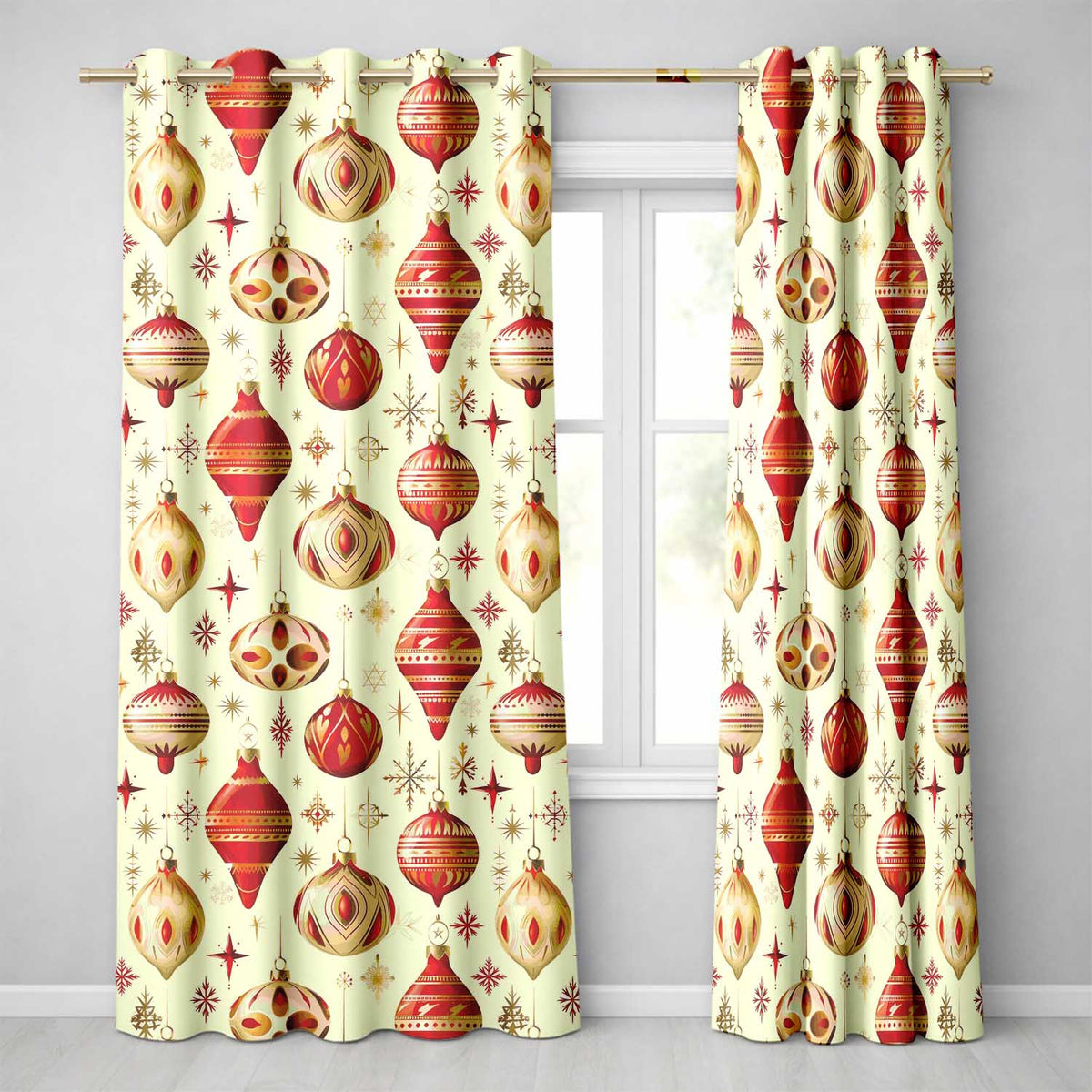 Christmas Hanging Baubles Holly Branches  Festive Holiday Design  Readymade Eyelet Ring Top Thermal 100% Blackout Curtains