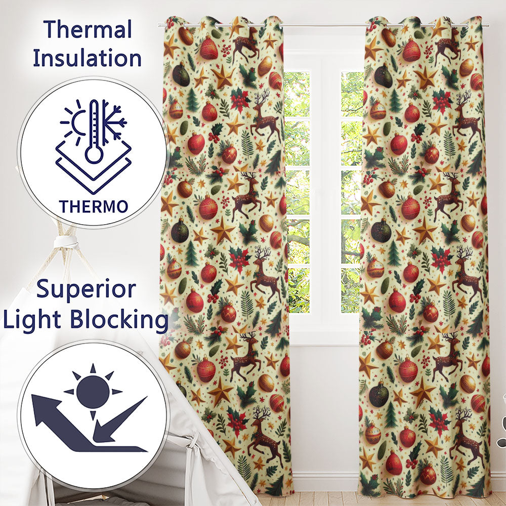 Cream Reindeer Christmas Bauble Star Pattern Readymade Eyelet Ring Top Thermal 100% Blackout Curtains