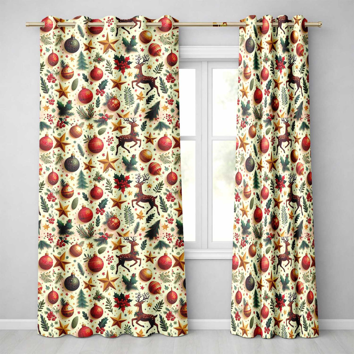 Cream Reindeer Christmas Bauble Star Pattern Readymade Eyelet Ring Top Thermal 100% Blackout Curtains