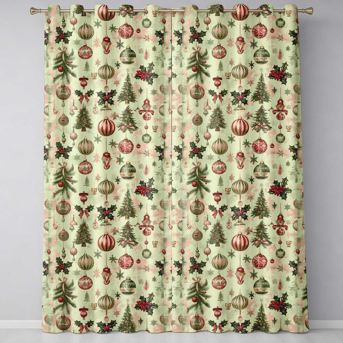 Sage Green Christmas Ornament Tree Pattern Readymade Eyelet Ring Top Thermal 100% Blackout Curtains