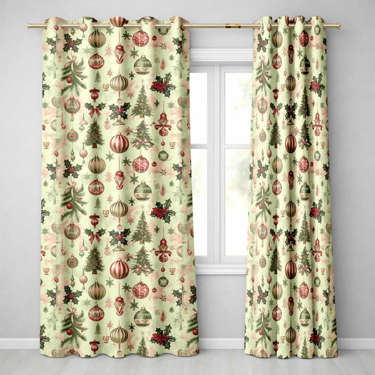 Sage Green Christmas Ornament Tree Pattern Readymade Eyelet Ring Top Thermal 100% Blackout Curtains