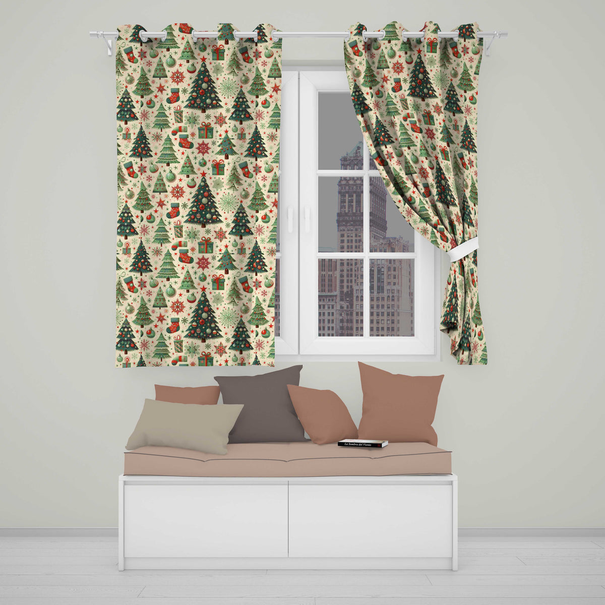 Vintage Christmas Tree Bauble Snowflake Festive Pattern Designs Readymade Eyelet Ring Top Thermal 100% Blackout Curtains