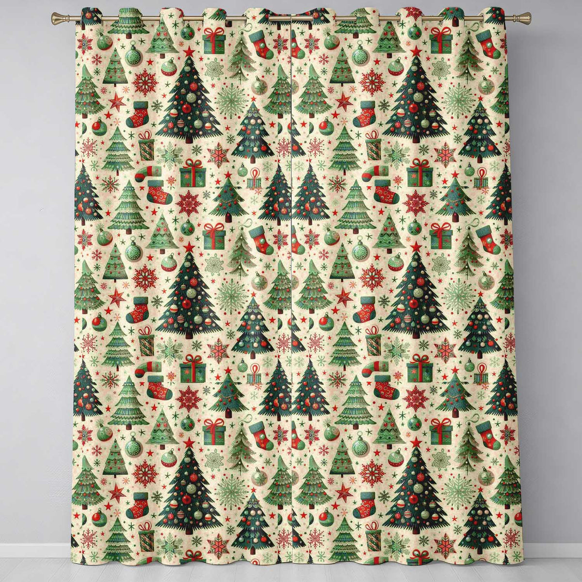 Vintage Christmas Tree Bauble Snowflake Festive Pattern Designs Readymade Eyelet Ring Top Thermal 100% Blackout Curtains
