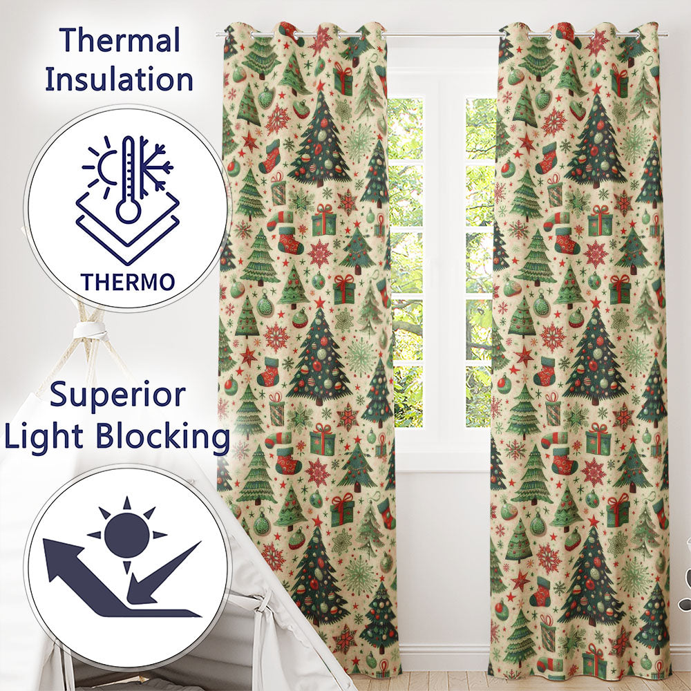 Vintage Christmas Tree Bauble Snowflake Festive Pattern Designs Readymade Eyelet Ring Top Thermal 100% Blackout Curtains