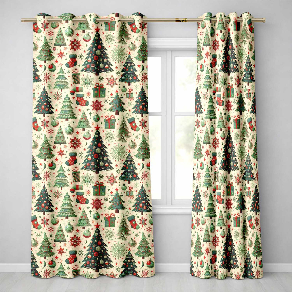 Vintage Christmas Tree Bauble Snowflake Festive Pattern Designs Readymade Eyelet Ring Top Thermal 100% Blackout Curtains