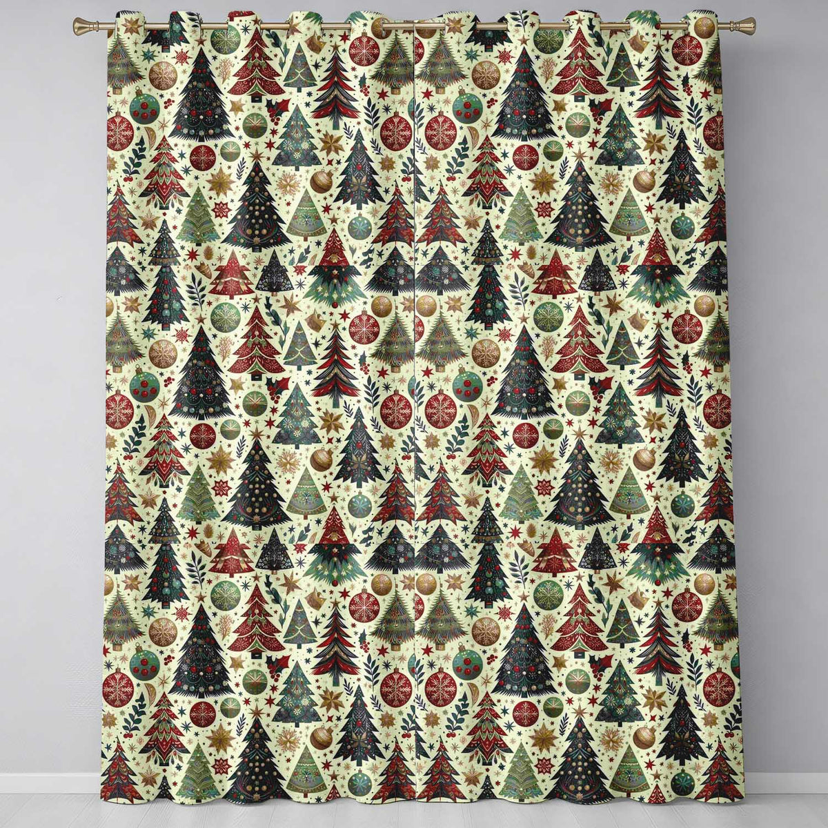 Elegant Nordic Christmas Tree Ornament Winter Festive PatternUK Readymade Eyelet Ring Top Thermal 100% Blackout Curtains