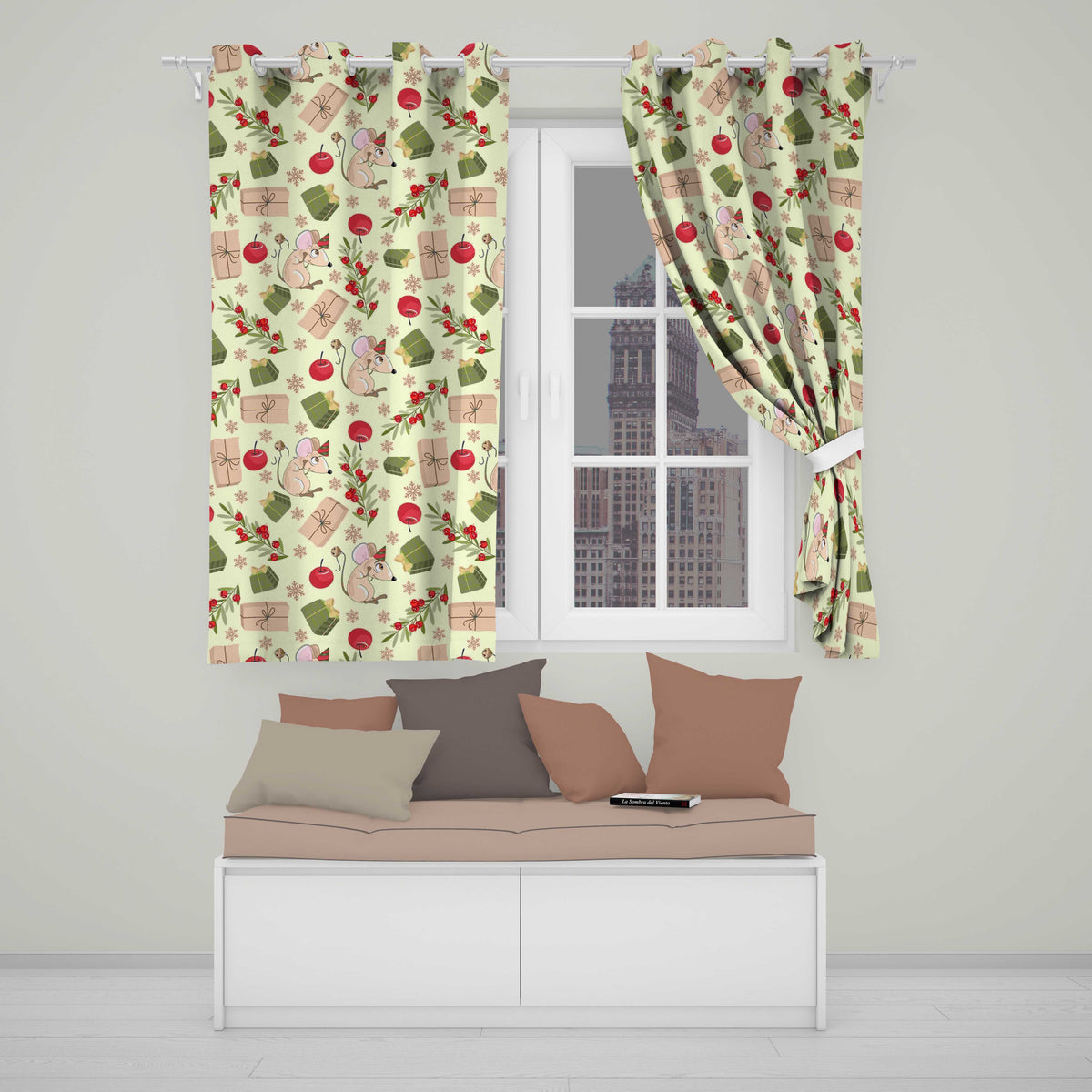 Cute Christmas Mouse Present Berry Festive Holiday Pattern Arts Readymade Eyelet Ring Top Thermal 100% Blackout Curtains