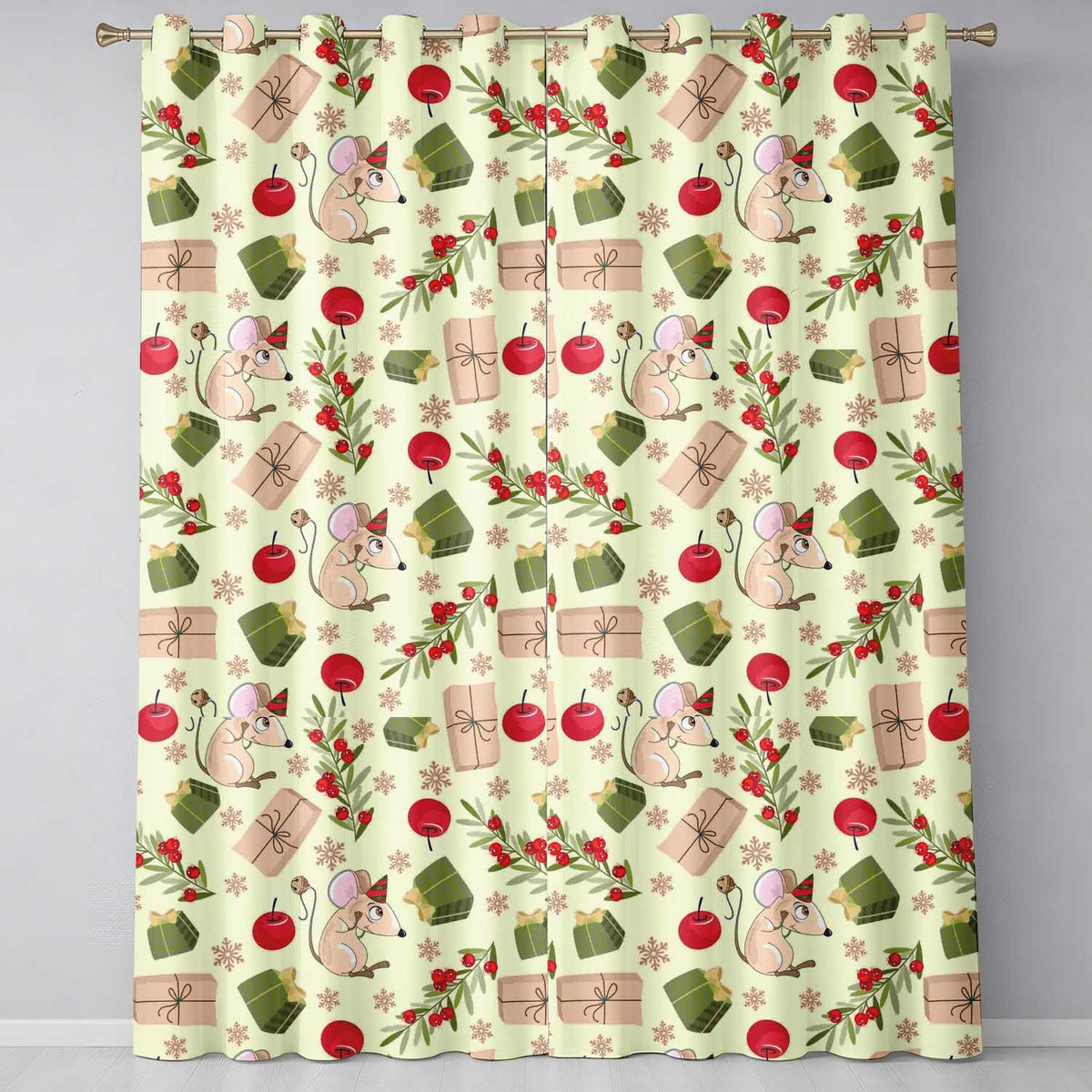 Cute Christmas Mouse Present Berry Festive Holiday Pattern Arts Readymade Eyelet Ring Top Thermal 100% Blackout Curtains