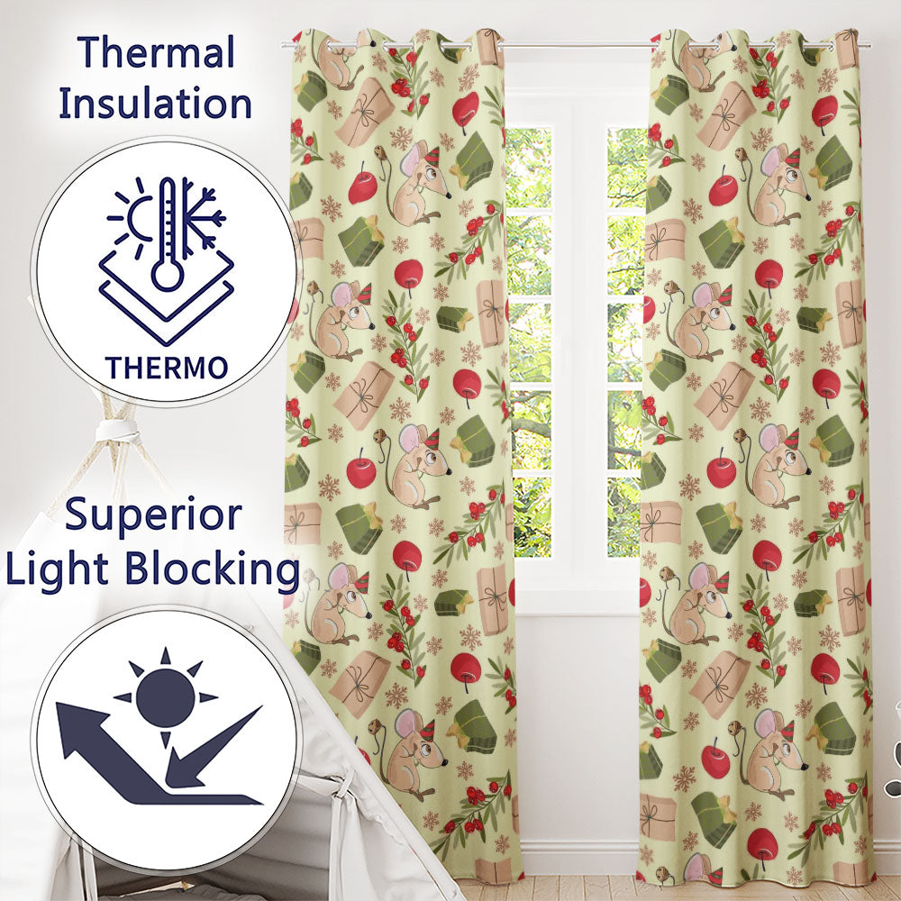 Cute Christmas Mouse Present Berry Festive Holiday Pattern Arts Readymade Eyelet Ring Top Thermal 100% Blackout Curtains