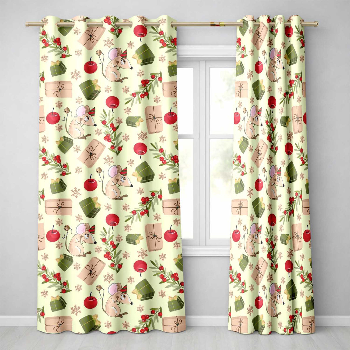 Cute Christmas Mouse Present Berry Festive Holiday Pattern Arts Readymade Eyelet Ring Top Thermal 100% Blackout Curtains