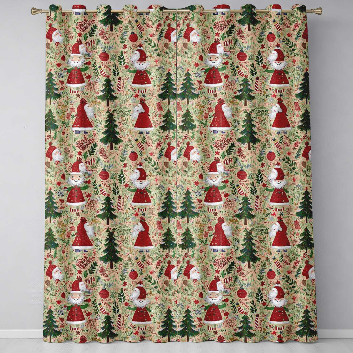 Whimsical Santa Claus Christmas Tree Festive Holiday Pattern UK Readymade Eyelet Ring Top Thermal 100% Blackout Curtains