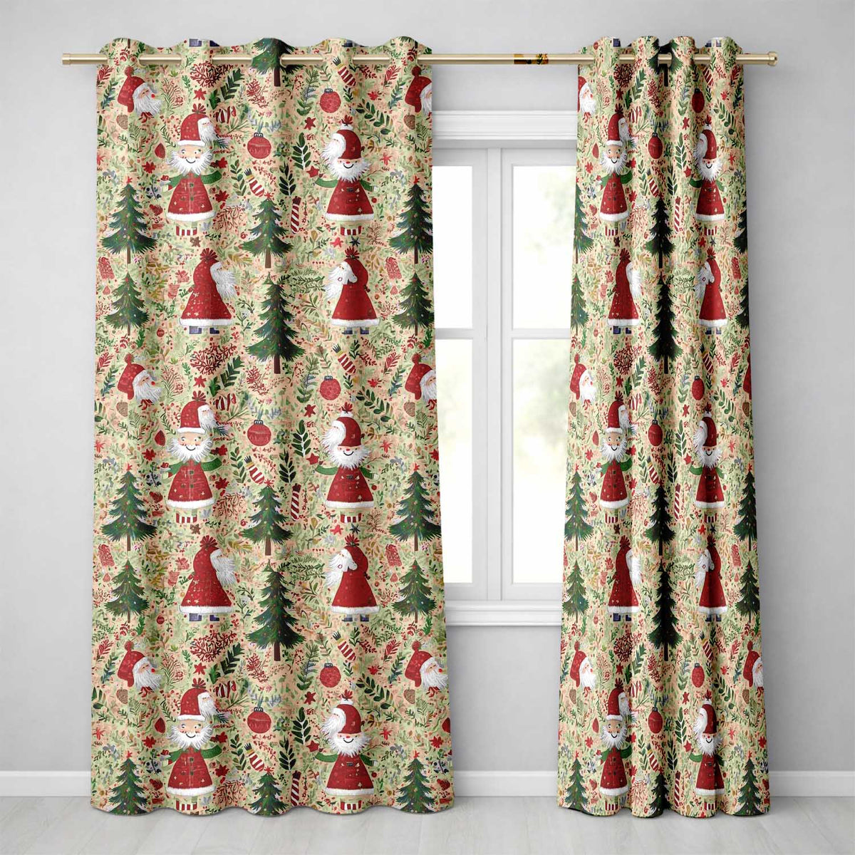 Whimsical Santa Claus Christmas Tree Festive Holiday Pattern UK Readymade Eyelet Ring Top Thermal 100% Blackout Curtains