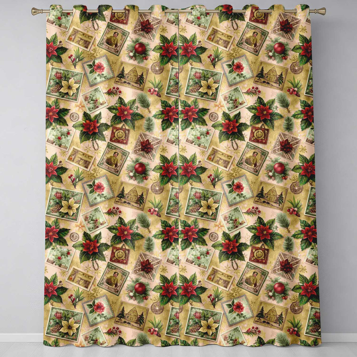Vintage Christmas Postcards Poinsettia Holly Antique Collage Seamless Pattern  Readymade Eyelet Ring Top Thermal 100% Blackout Curtains