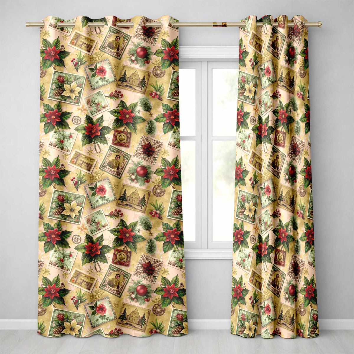 Vintage Christmas Postcards Poinsettia Holly Antique Collage Seamless Pattern  Readymade Eyelet Ring Top Thermal 100% Blackout Curtains
