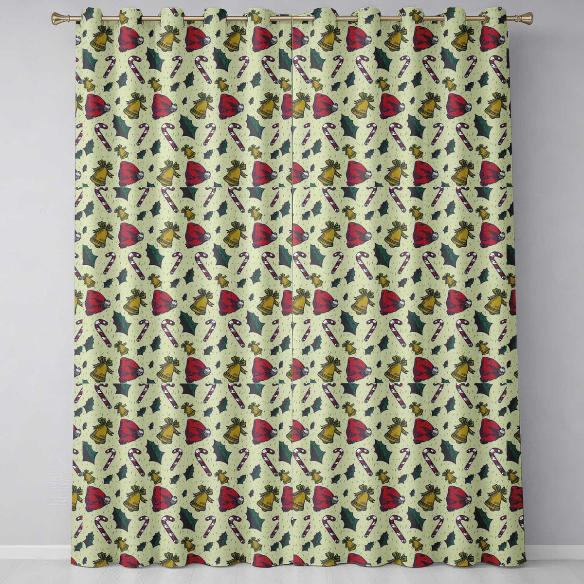 Christmas Candy Cane Bells Santa Hat Seamless Pattern  Readymade Eyelet Ring Top Thermal 100% Blackout Curtains