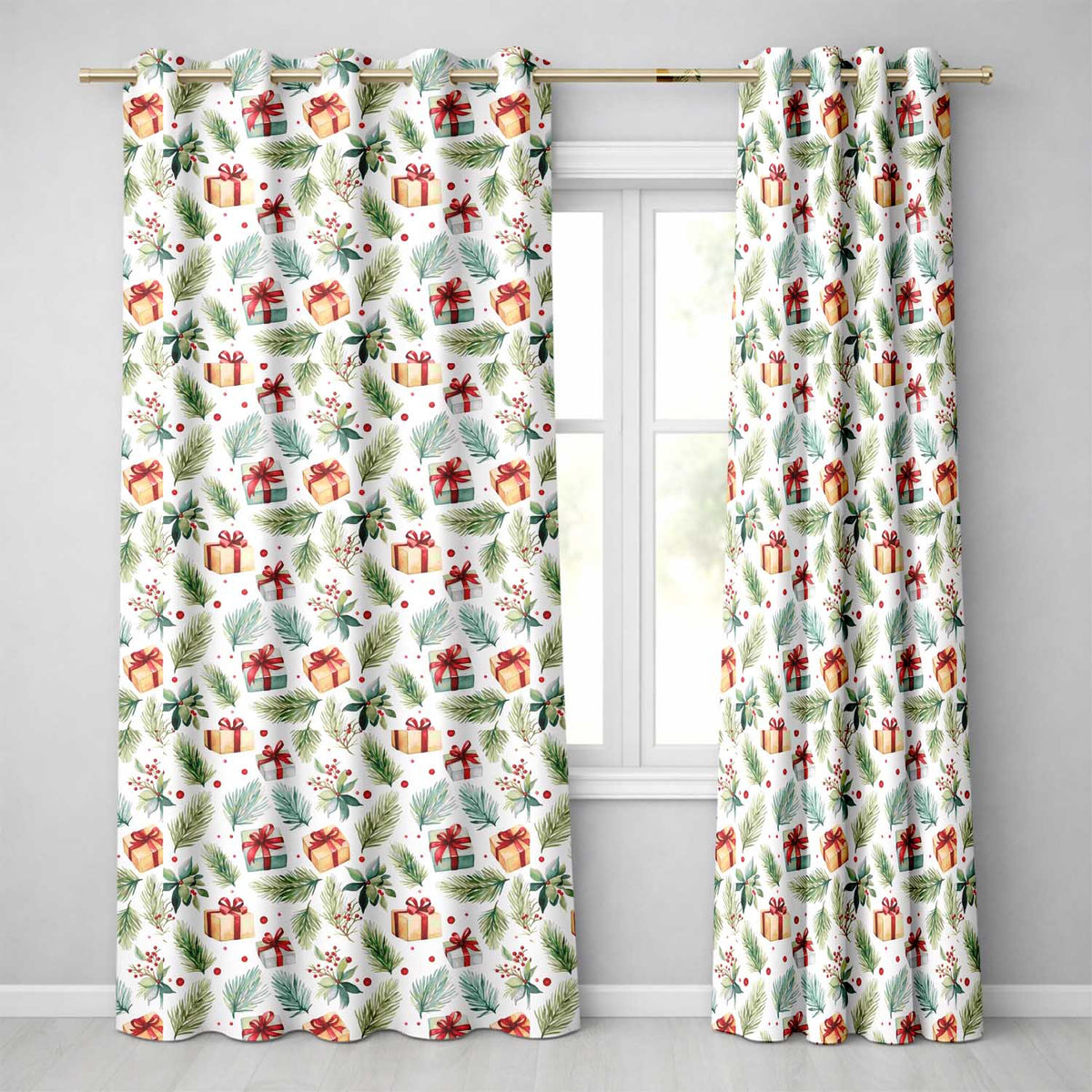 Watercolor Christmas Gifts Pine Branches Holly Berries Seamless Pattern  Readymade Eyelet Ring Top Thermal 100% Blackout Curtains