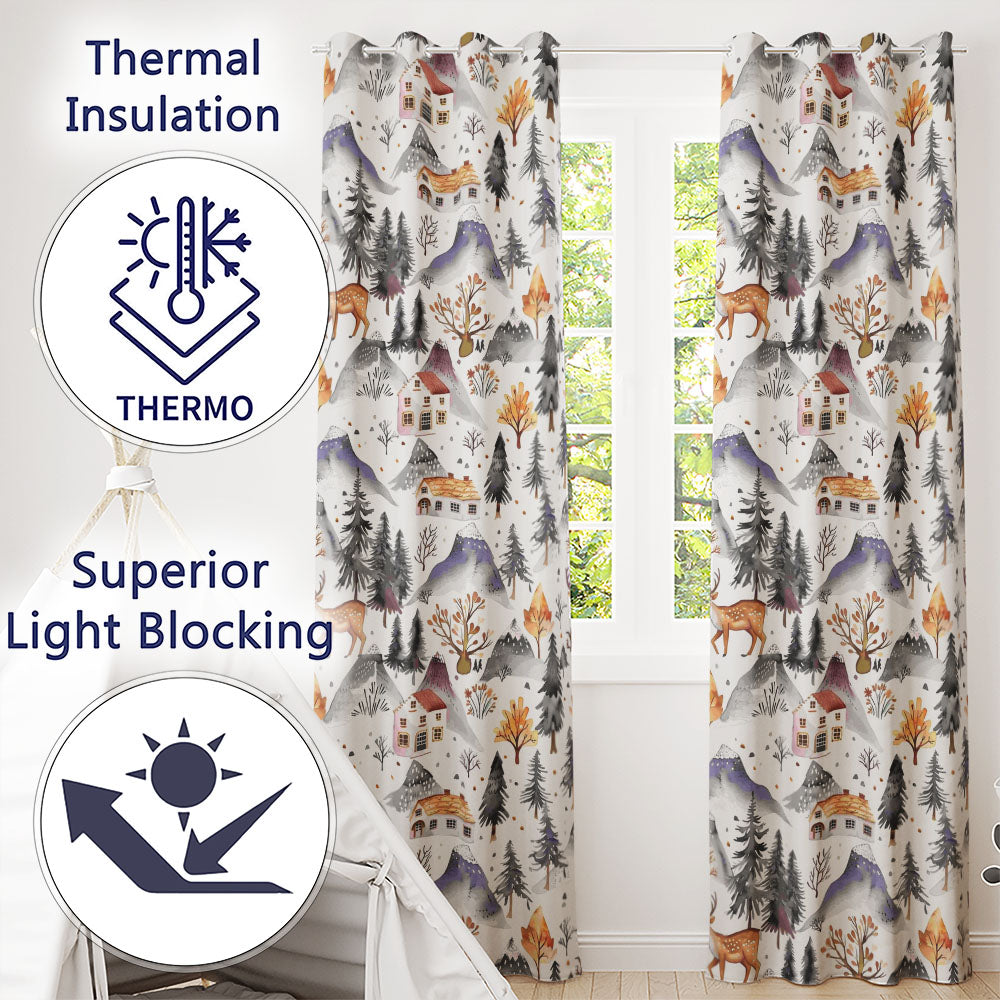 Watercolor Winter Landscape Houses Mountains Trees Seamless Pattern  Readymade Eyelet Ring Top Thermal 100% Blackout Curtains